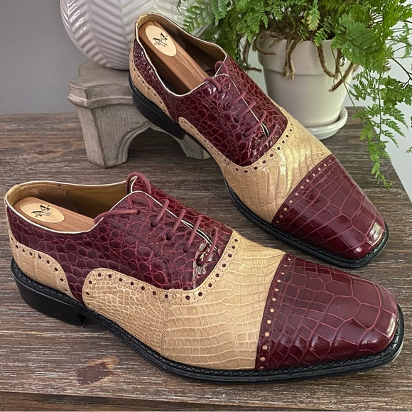 Ferrini Mens Alligator Skin Ostrich Quill Leather Oxfords Shoe Burgundy Wine Tan main image 9